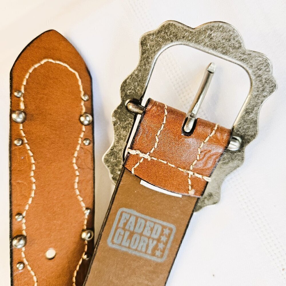 Faded Glory Women's Western Cowgirl Tan Studded Belt Vintage Buckle - Picture 5 of 6